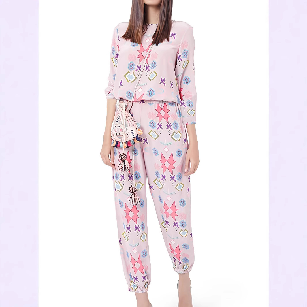 Women's Printed Long Sleeve Top and Pants Lounge Set