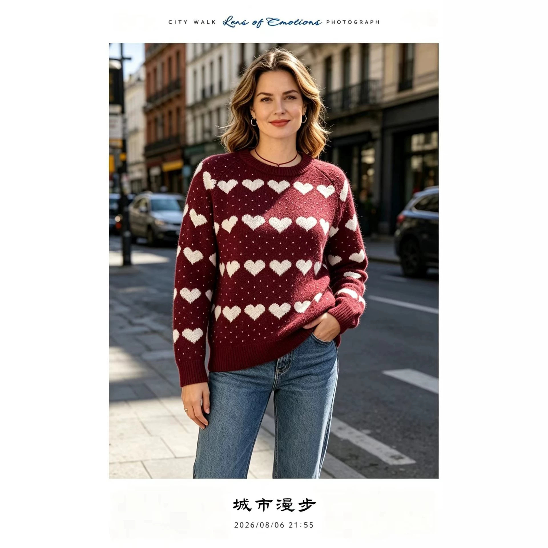 Heart Jacquard Knit Cardigan Wool-Blend V-Neck Loose Casual Sweater
