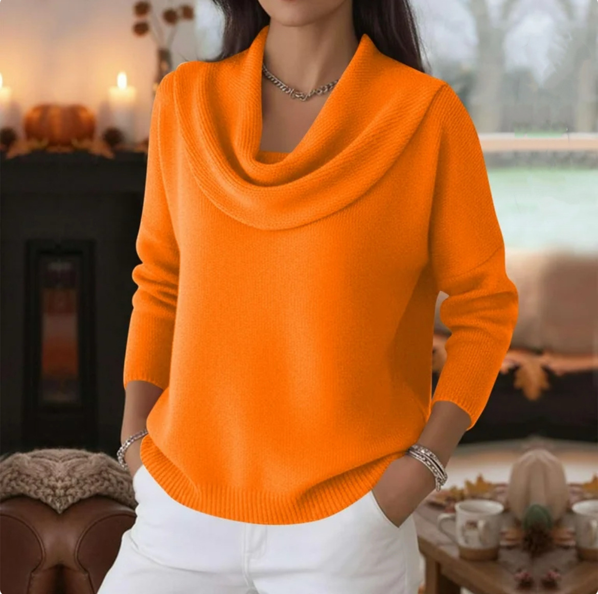 Women's Solid Color Long Sleeve Cowl Neck Knit Pullover Sweater
