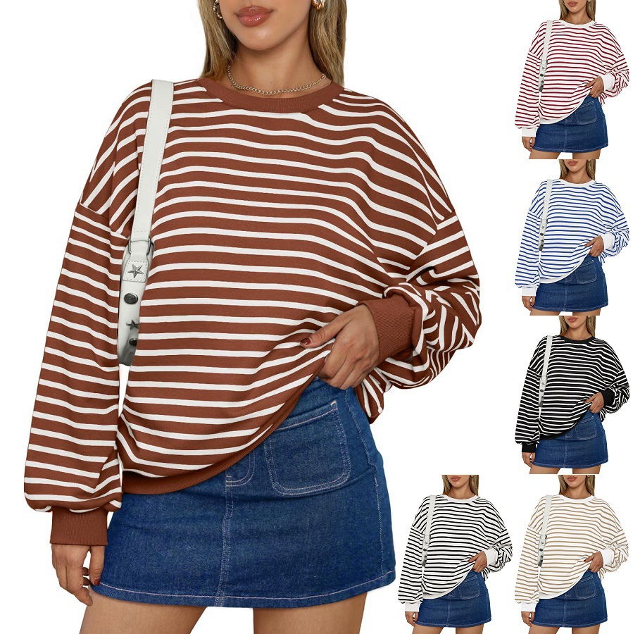 Women's Striped Long-Sleeve Crewneck Sweatshirt Y2K Pullover