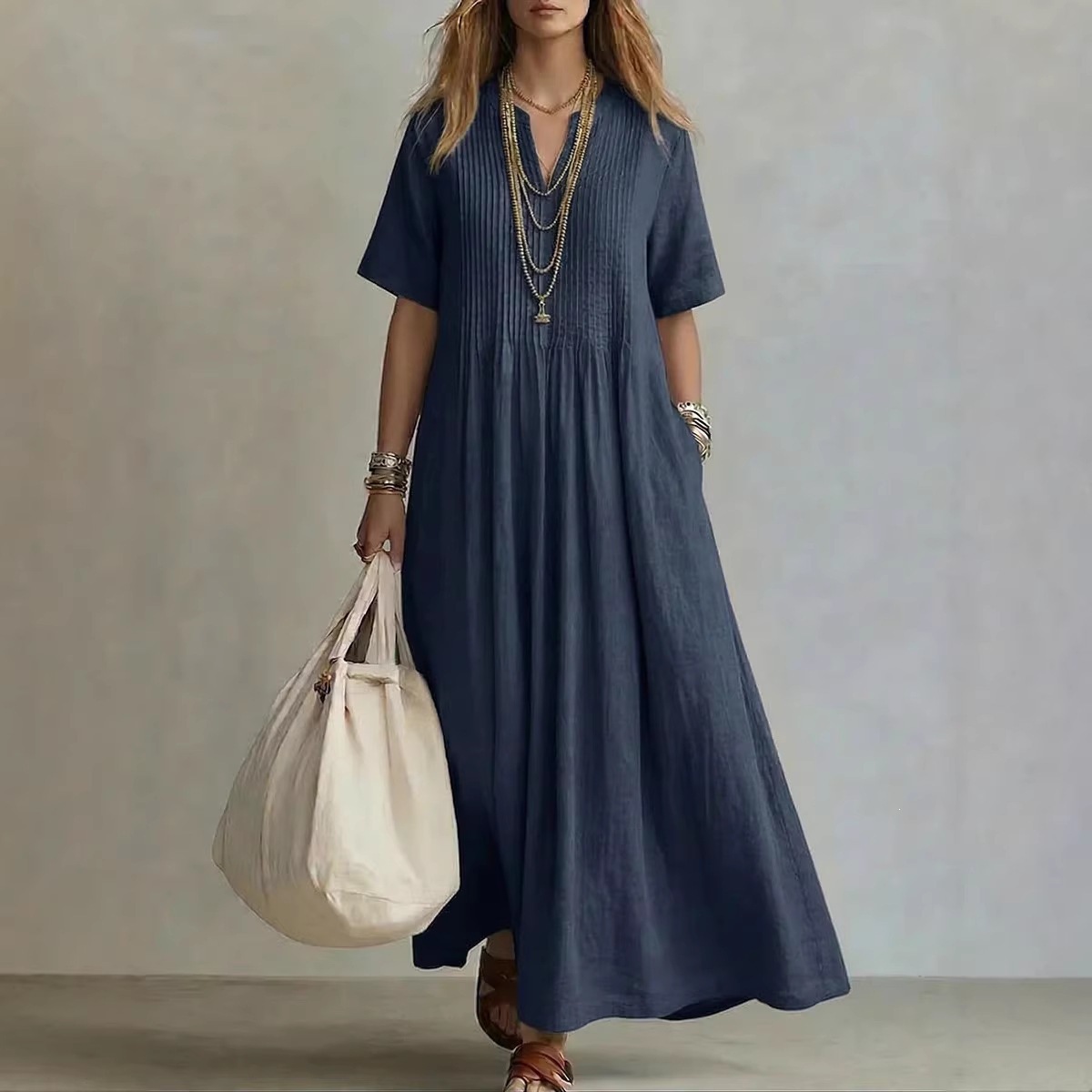 Women's Summer V-Neck Pleated Maxi Dress Casual Vacation Solid Color
