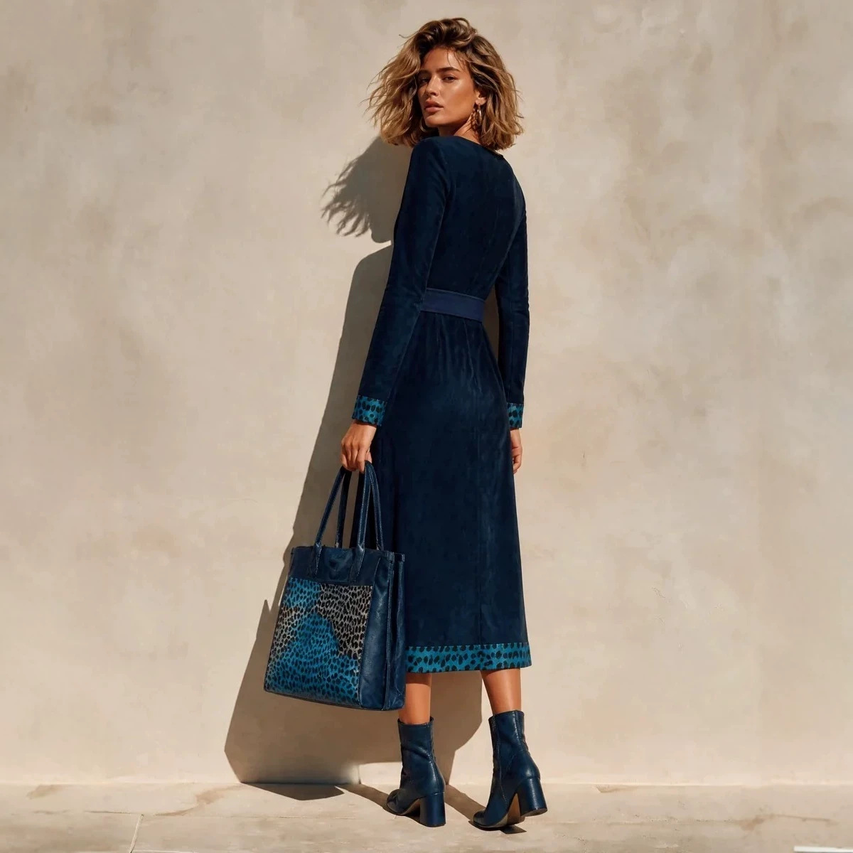 Navy Faux Suede Off-Shoulder Dress with Leopard Colorblock Waist