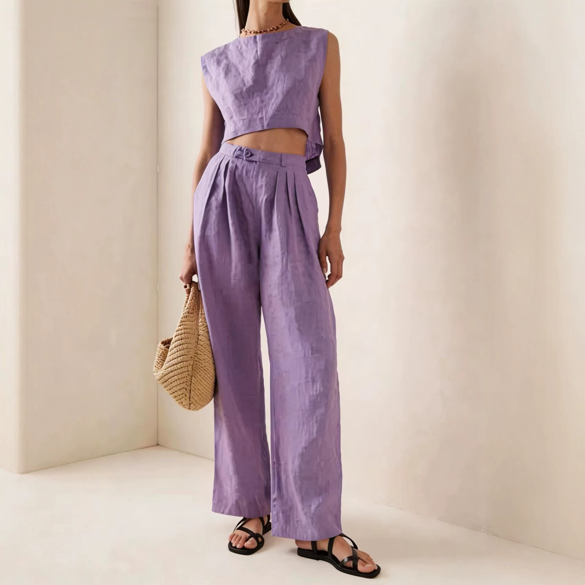 Women's Summer Round Neck Loose Casual Two-Piece Pants Set