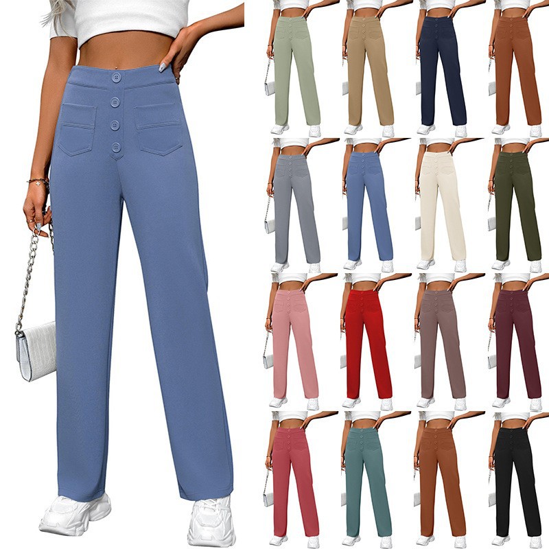 High-Waist Wide-Leg Button Pants with Pockets Casual Straight-Leg Trousers