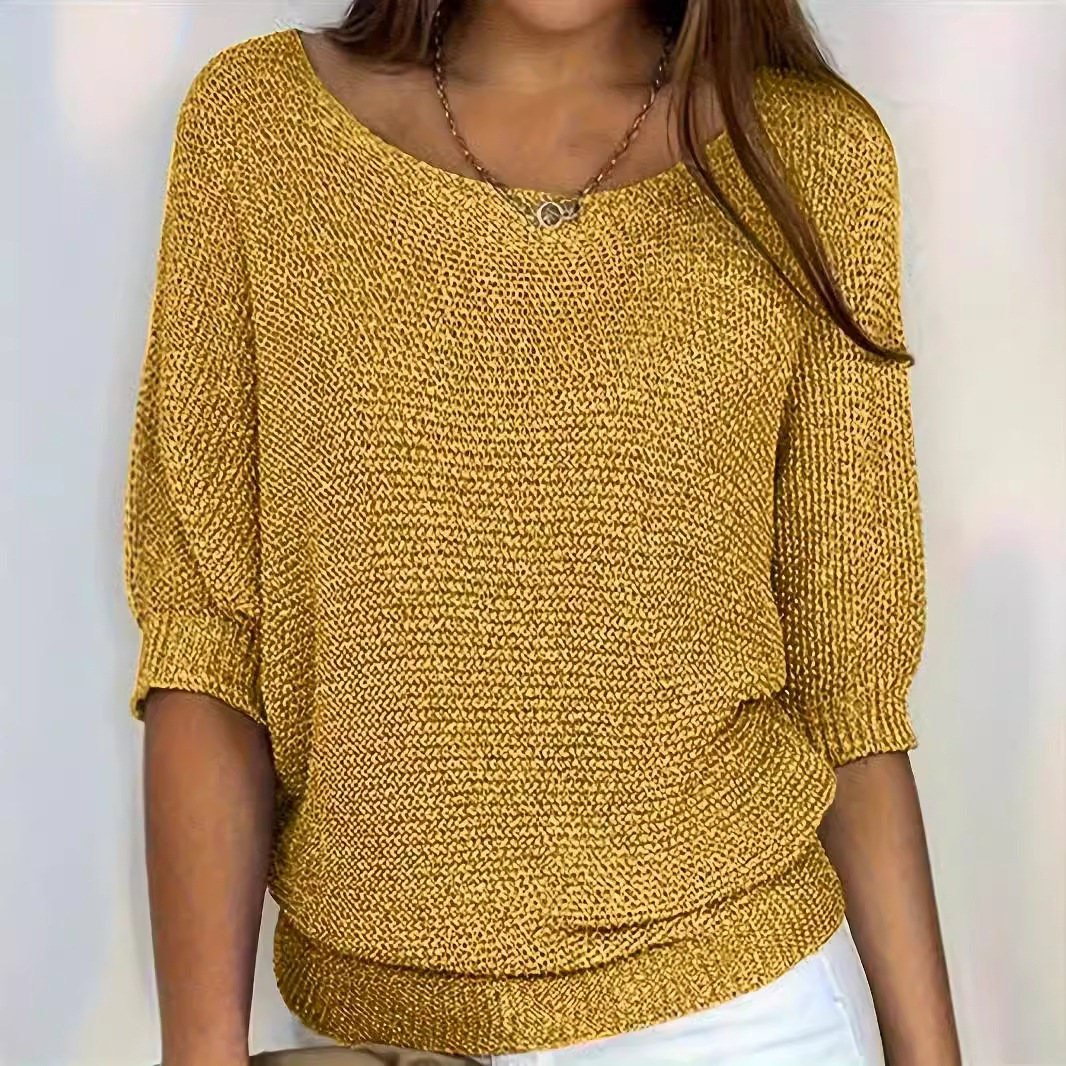 Women's Solid Crewneck Knit Top with Lantern Sleeves