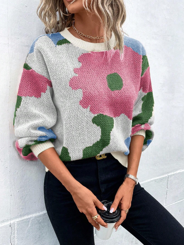Women's Floral Jacquard Crewneck Long Sleeve Knit Sweater