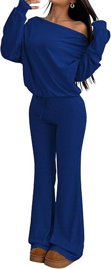 Solid One-Shoulder Long-Sleeve Top & High-Waist Flared Wide-Leg Pants Set