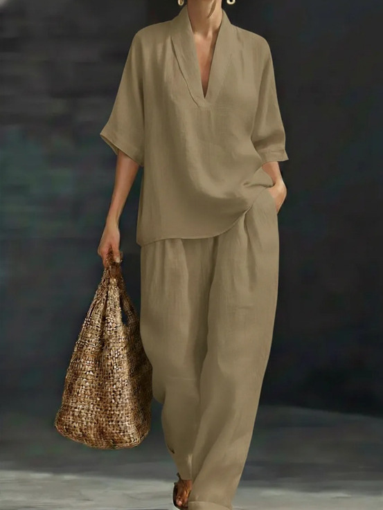 V-Neck Short Sleeve Top & Wide-Leg Pants Set Casual Solid Color