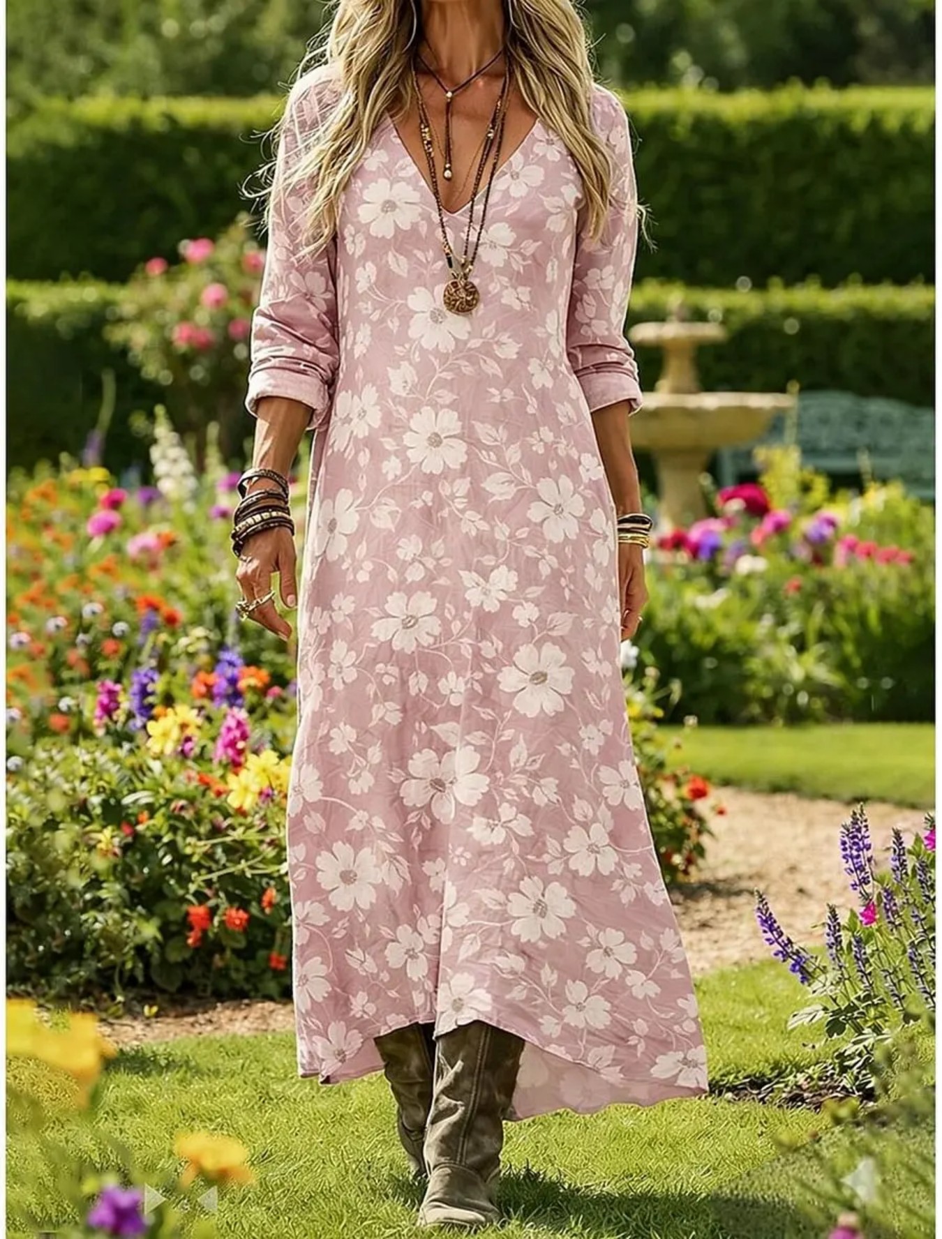 Women's Floral Print Casual Midi Dress Short Sleeve V-Neck