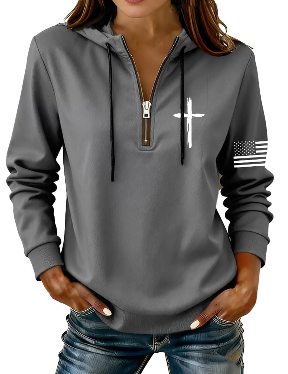 Cross & American Flag Print Half-Zip Hoodie