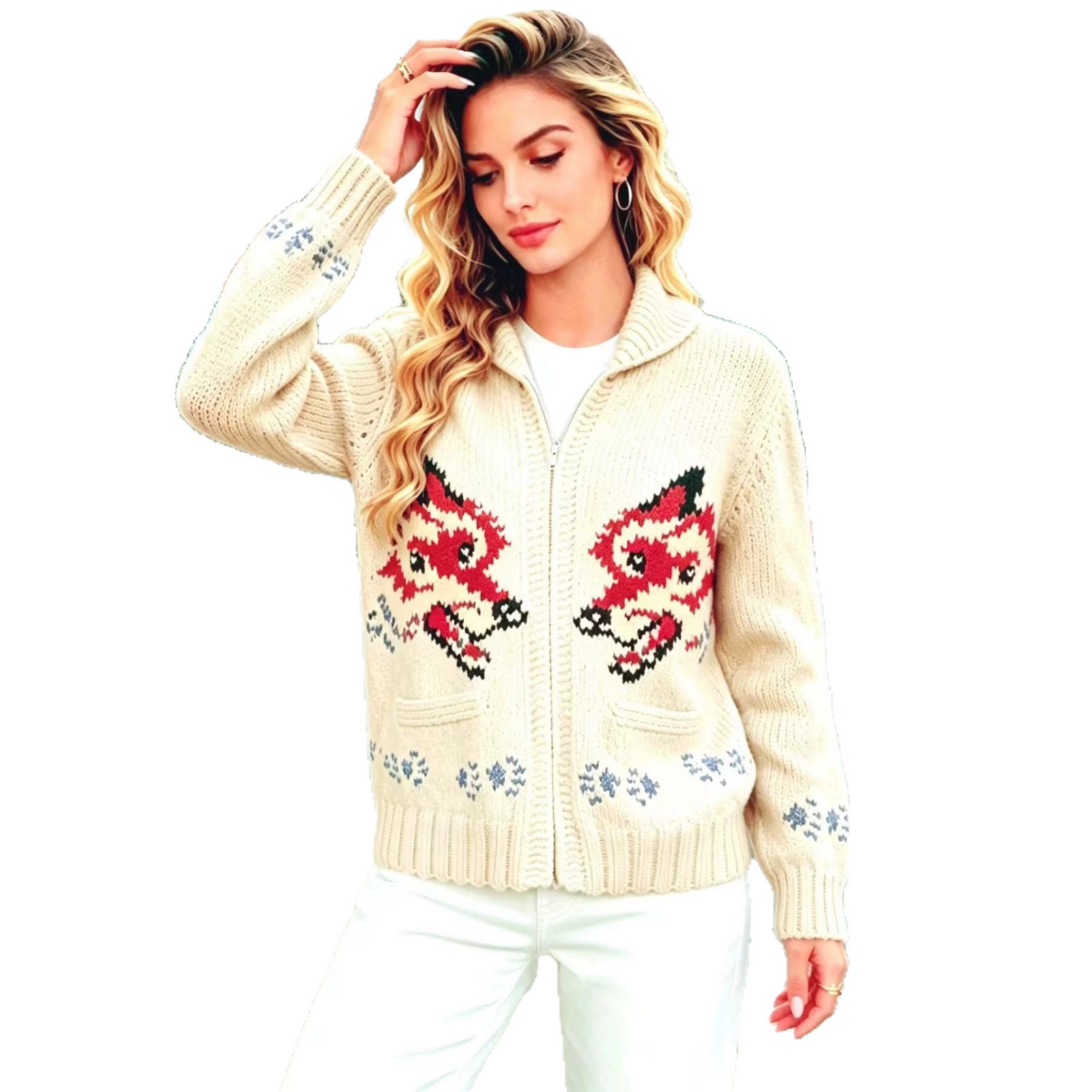 Retro Double Wolf Jacquard Zip-Up Knit Cardigan Women's Loose Lazy Sweater