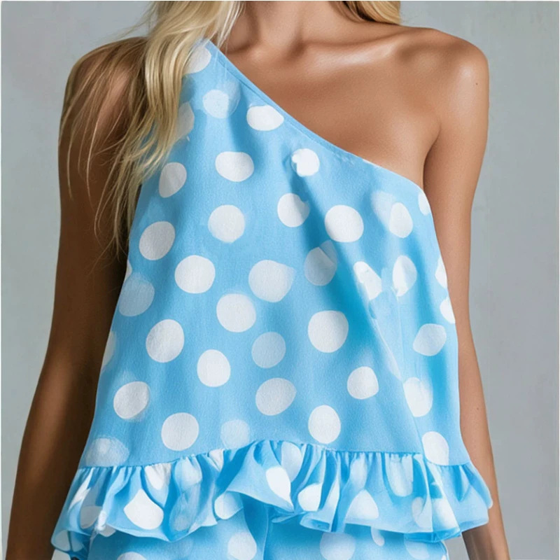 Retro Polka Dot Blue One-Shoulder Top and Ruffle Shorts Set