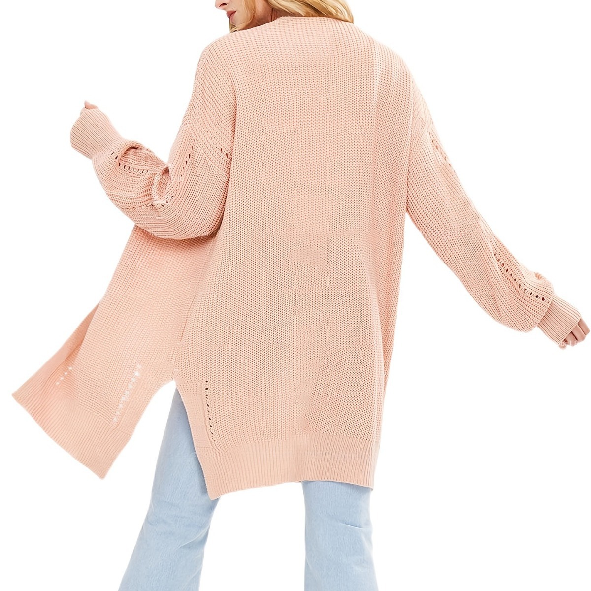 Women's Open Knit Cardigan Long Sleeve Loose Longline Solid Color