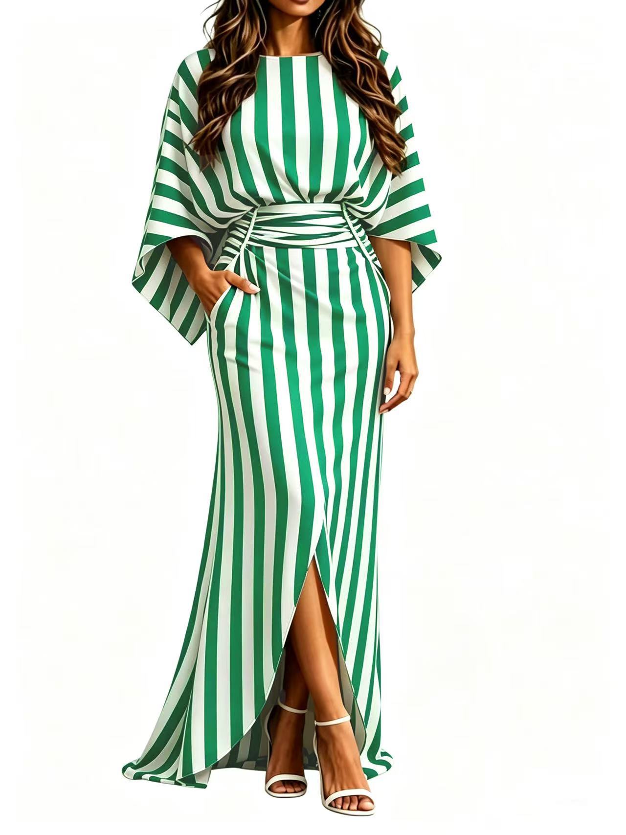 Striped Elegant Waist-Cinching Pleated Long Dress with Pockets