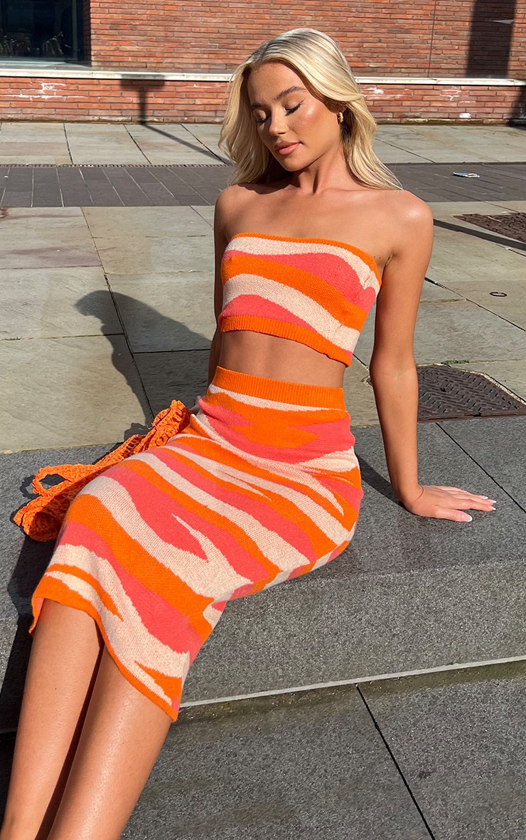 Knit Tube Top Set Color-Block Crop Top and Bodycon Midi Skirt
