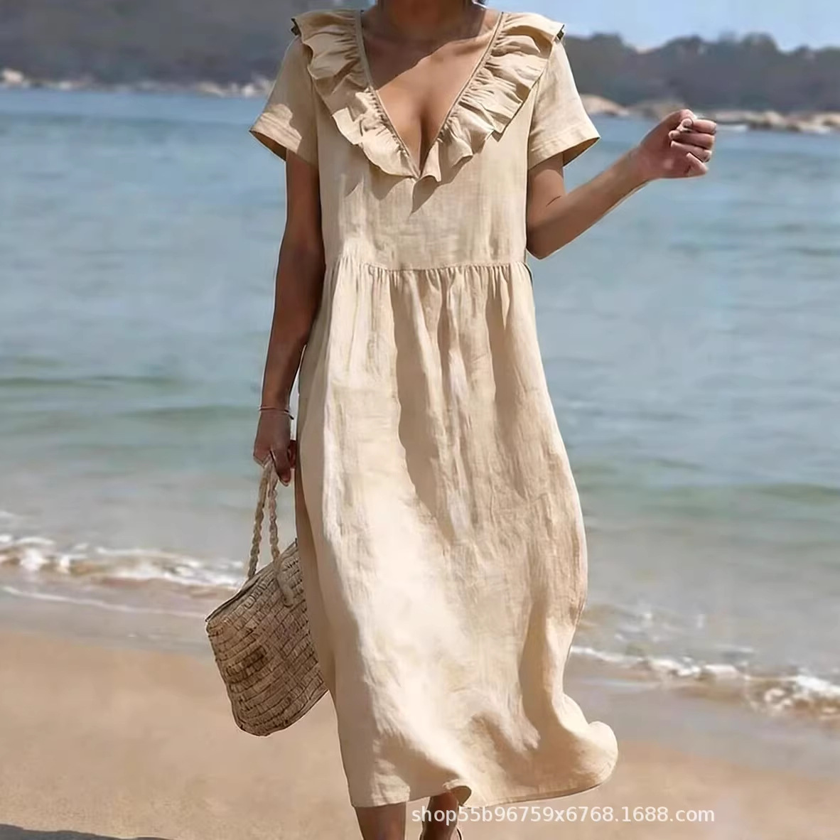 Solid V-Neck Short Sleeve Ruffled A-Line Maxi Dress with Pockets