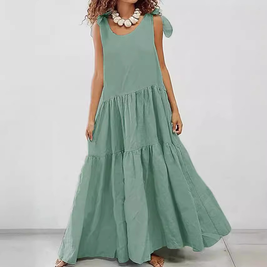 Women's Solid Crewneck Short Sleeve Tiered Ruffle Maxi Dress