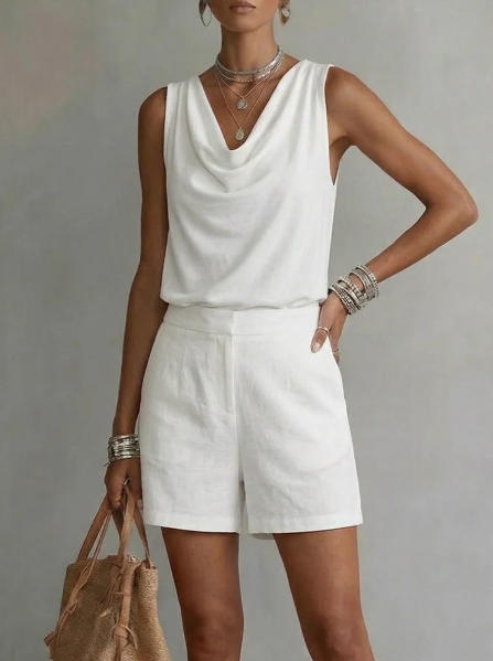 Women's Solid V-Neck Tank Top and Wide-Leg Shorts Set