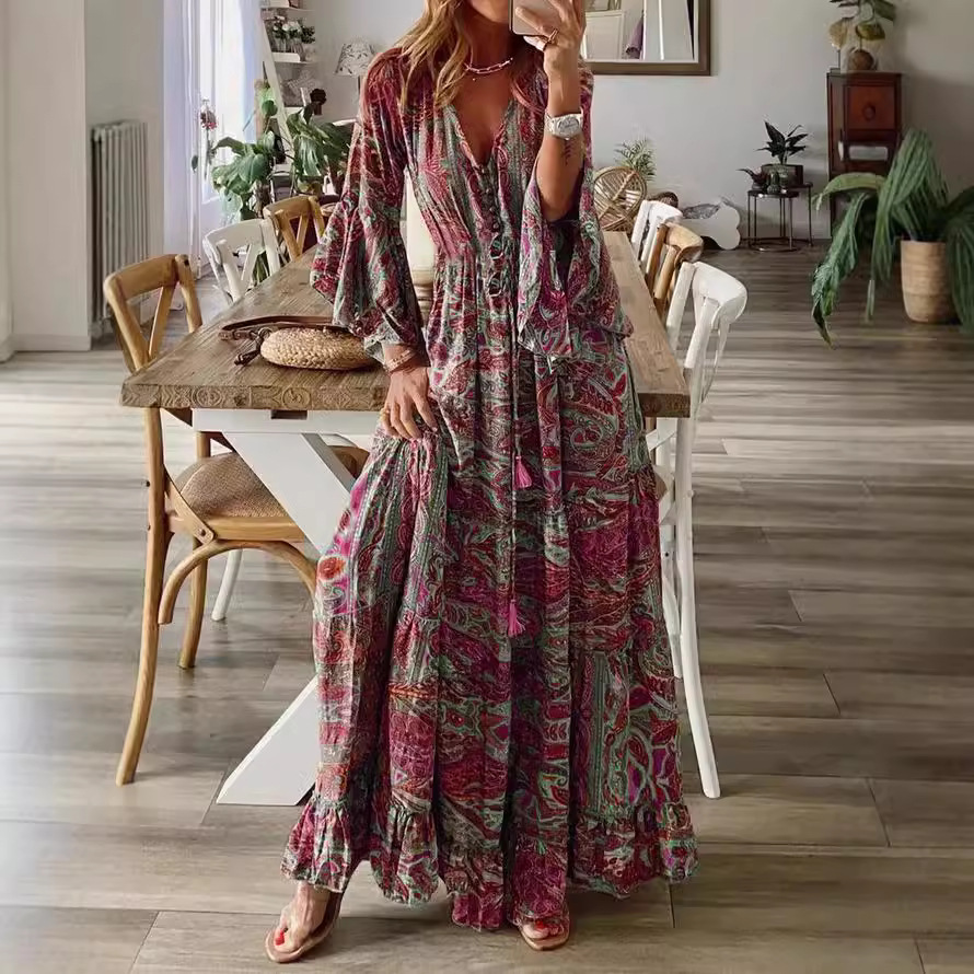 Bohemian Floral Print V-Neck High-Waist Flare-Sleeve Maxi Dress