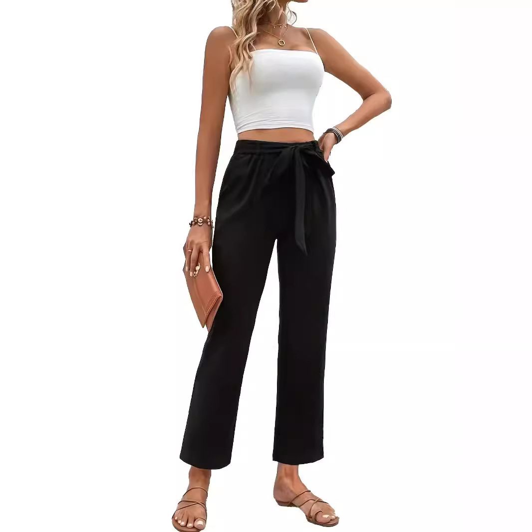Cotton-Linen Wide-Leg Cropped Pants with Elastic Waist and Tie