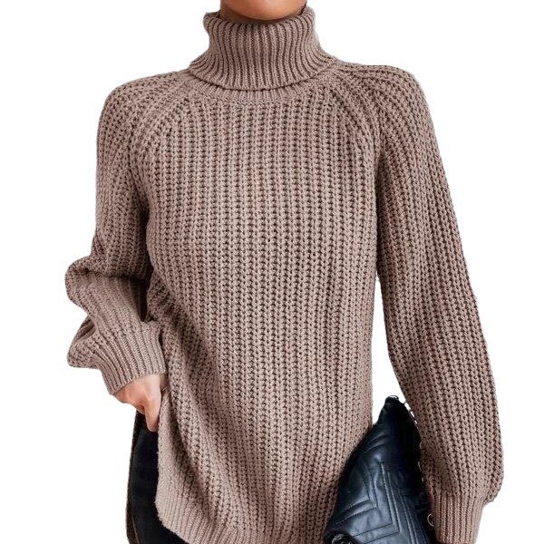 Women's High Neck Midi Knit Sweater with Raglan Sleeves and Side Slit
