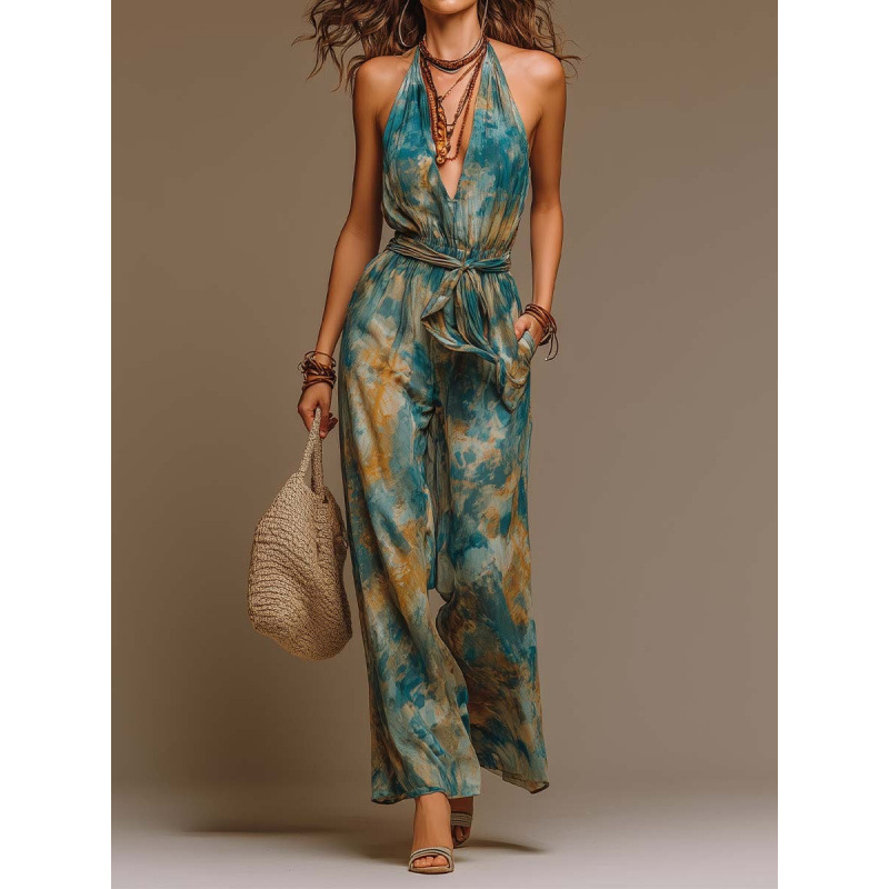 Women's Sleeveless Printed Jumpsuit with Straight-Leg Pants