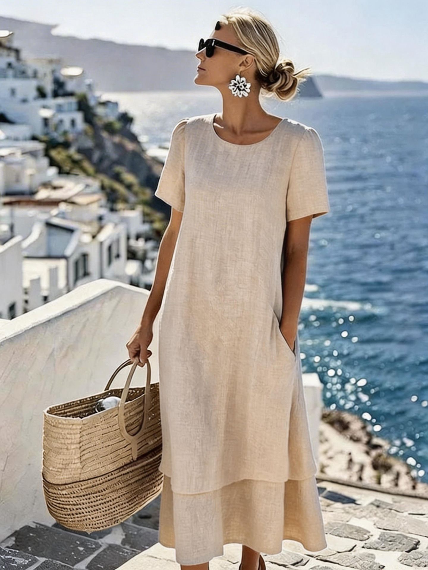 Women's Double-Layer Crew Neck Short Sleeve Casual Dress