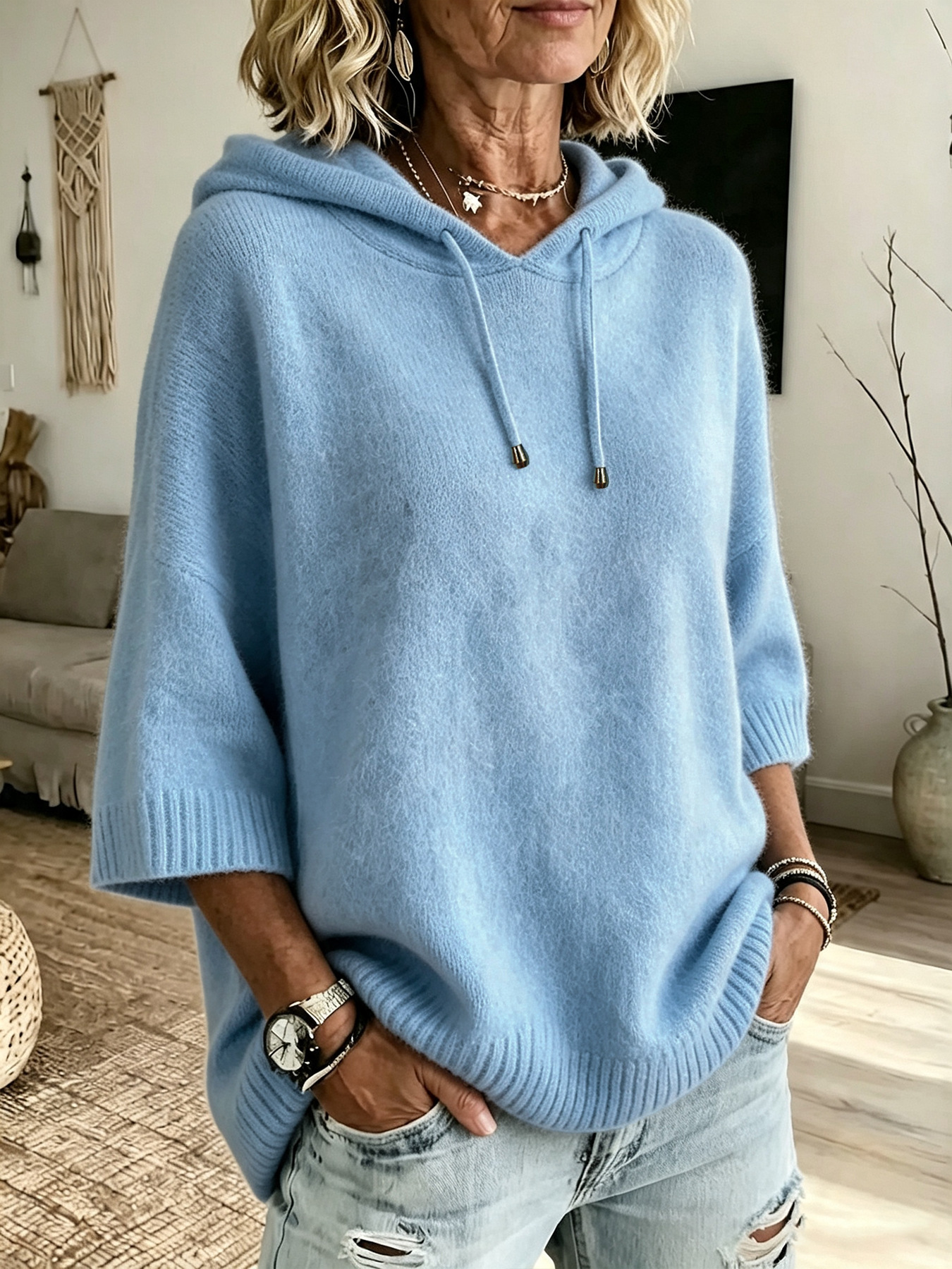 Drawstring Hooded Short Sleeve Ribbed Knit Top Loose Soft Fuzzy