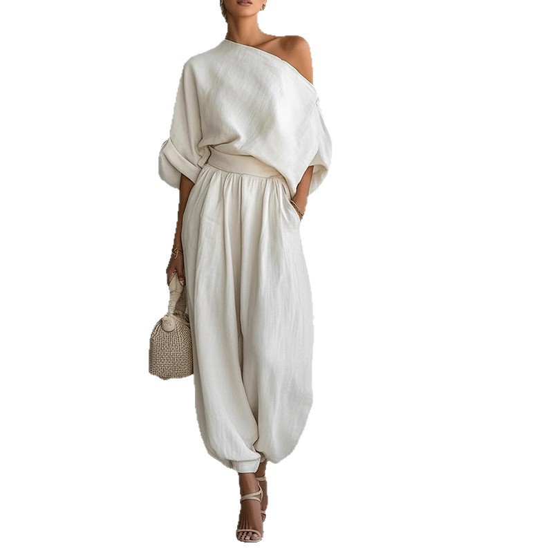 Women's Solid Color Off-Shoulder Two-Piece Set with Loose Fit