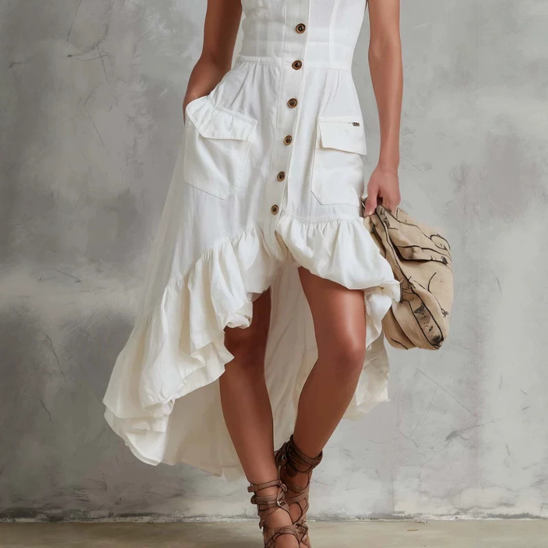 Retro White Asymmetrical Ruffle Hem Long Dress