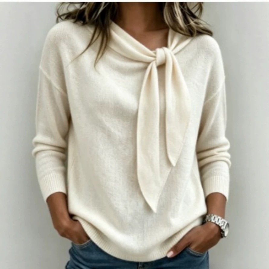 Bow Knit Sweater for Women Solid Color Round Neck Pullover