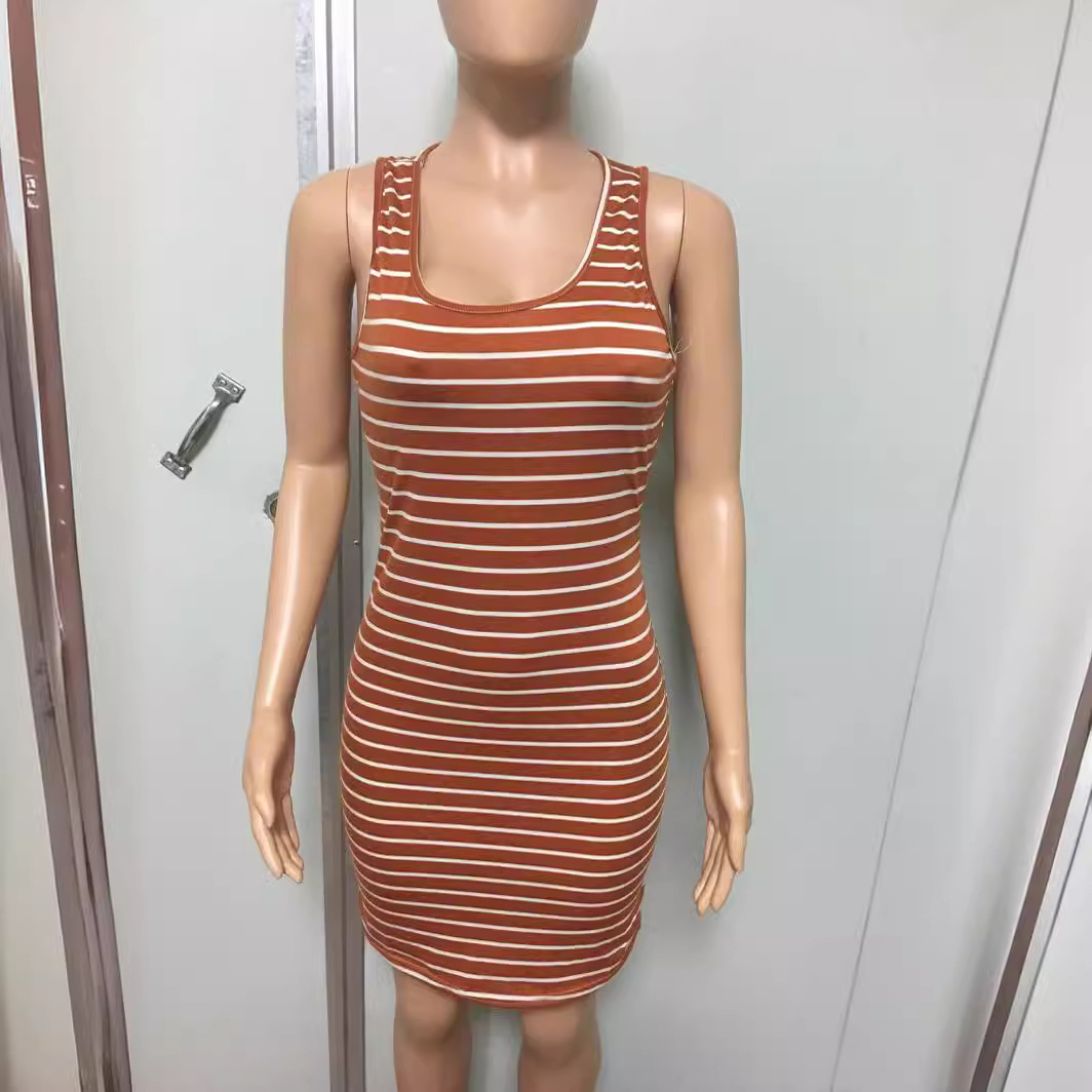 Black and White Striped Sleeveless Tank Dress Slim Fit Long