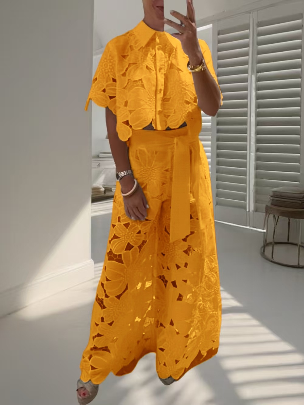 Women's Solid Color Cutout Cardigan and Wide-Leg Pants Two-Piece Set