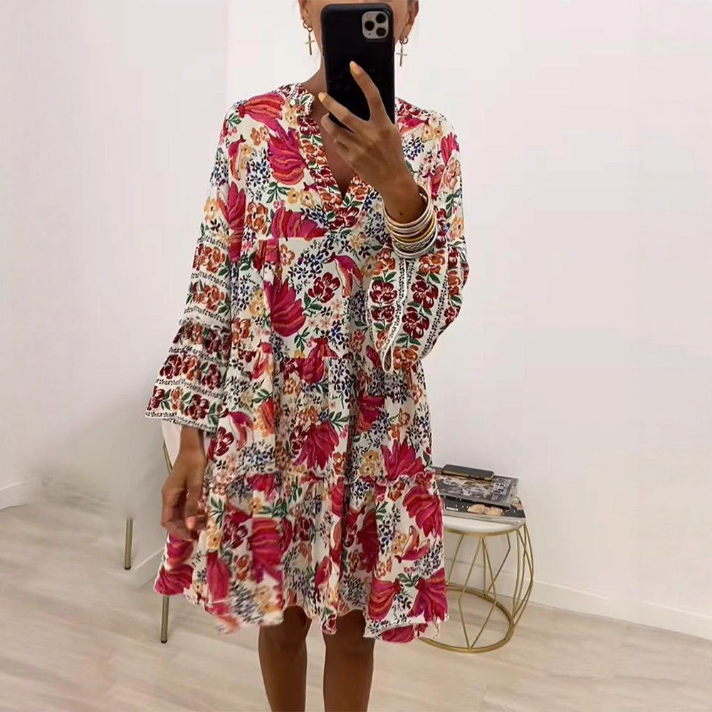 Women's Floral Print V-Neck Long Sleeve Loose Casual Midi Dress