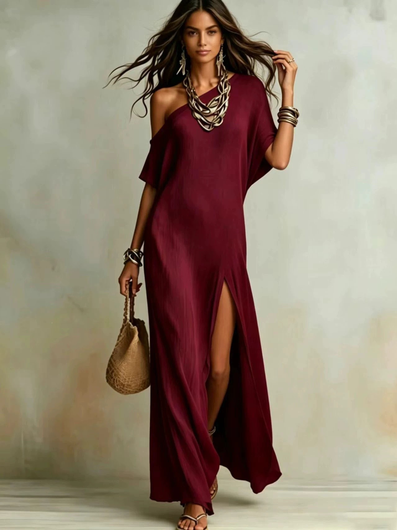 Elegant Short Sleeve Cotton-Linen Slit Dress