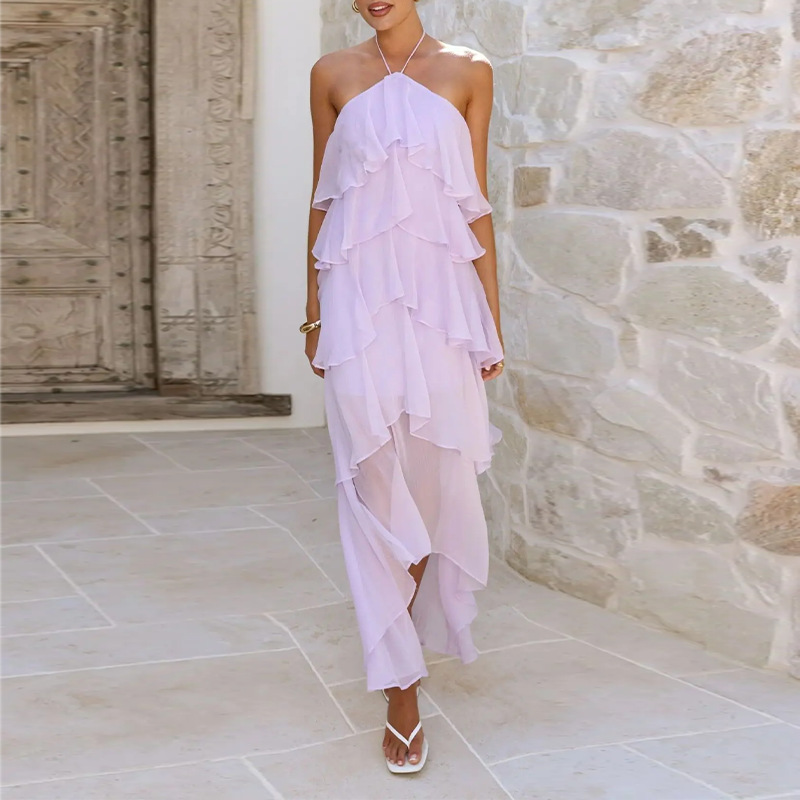 Women's Summer Halter Neck Solid Color Tiered Ruffle Dress
