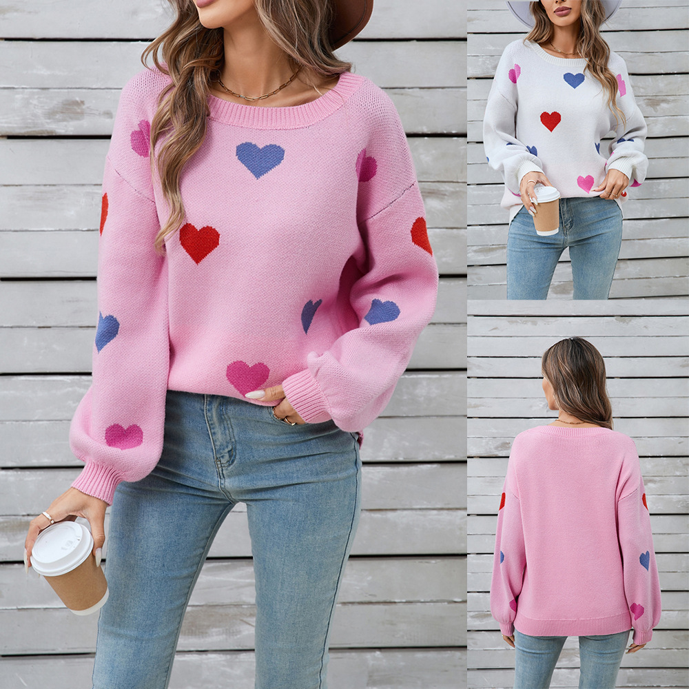 Heart Pattern Crewneck Pullover Sweater
