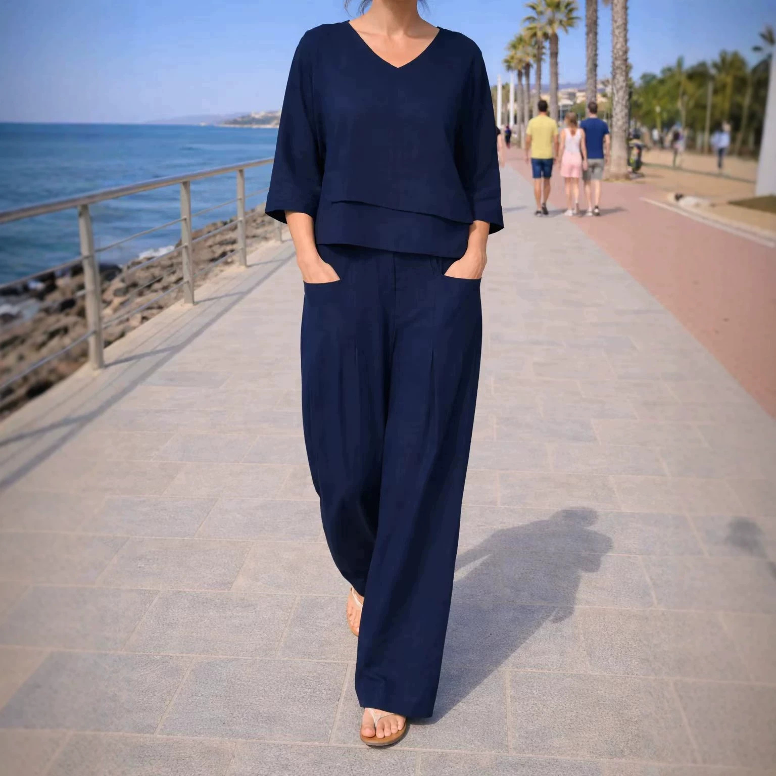 Solid Color Crewneck Long Sleeve Top and Straight Leg Pocket Pants Two-Piece Set