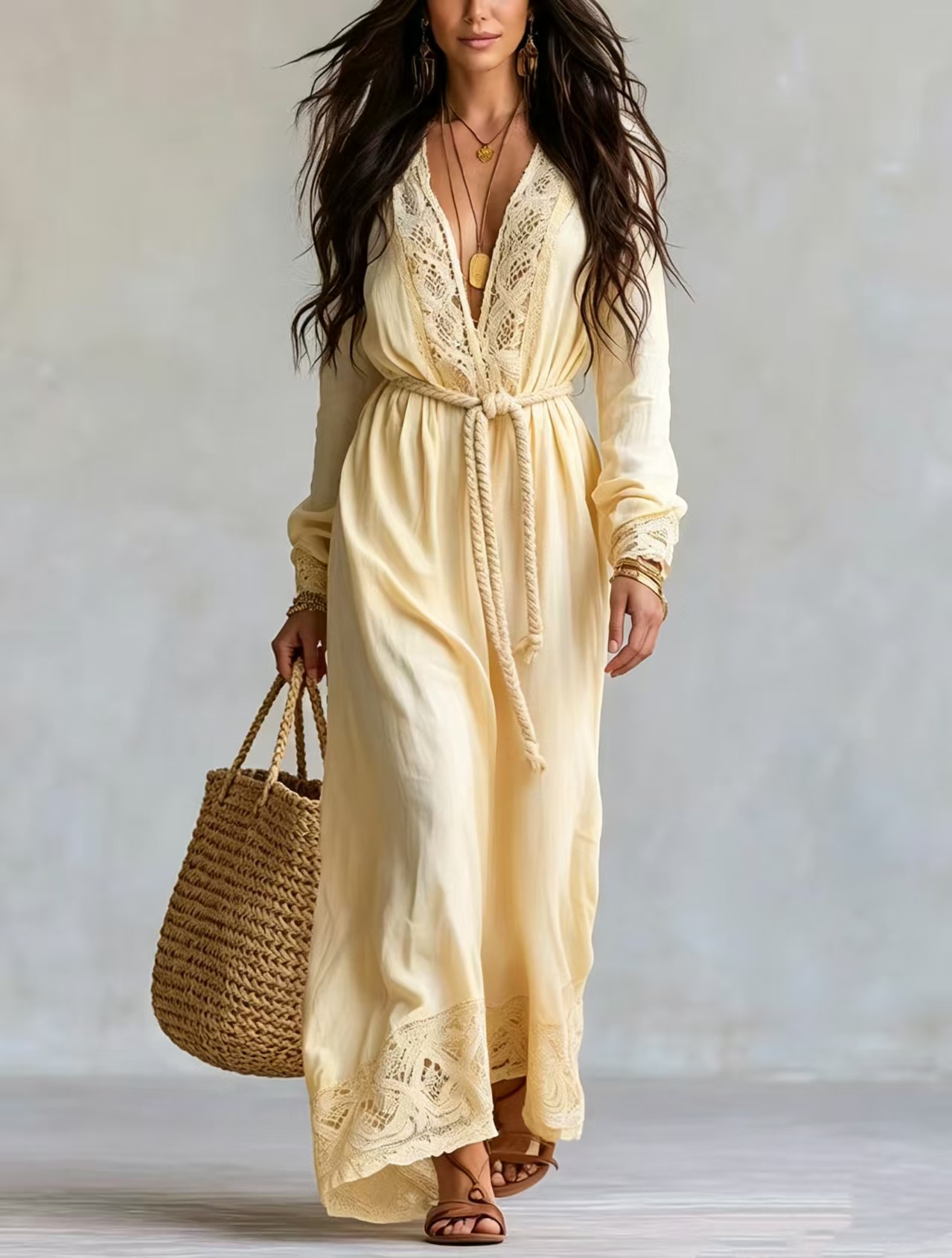 Bohemian V-Neck Lace Tie Long Dress