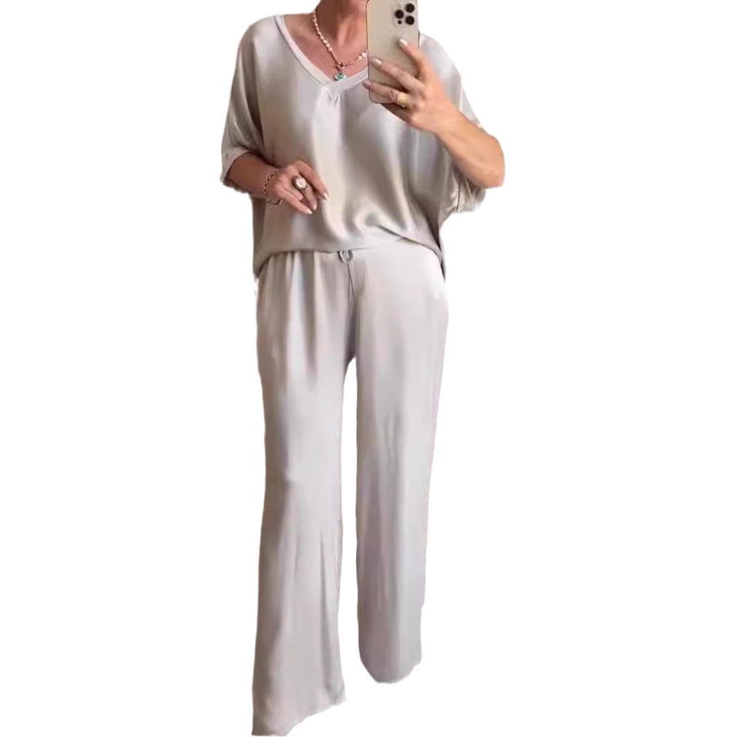 Women's Mercerized V-Neck Two-Piece Pants Set Solid Color Casual