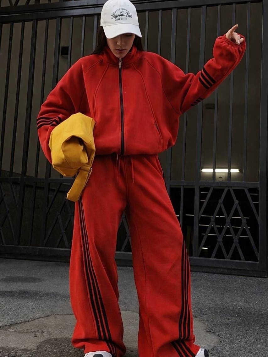 Color-Block Zip-Up Hooded Tracksuit with Classic 3-Stripe Two-Piece Set