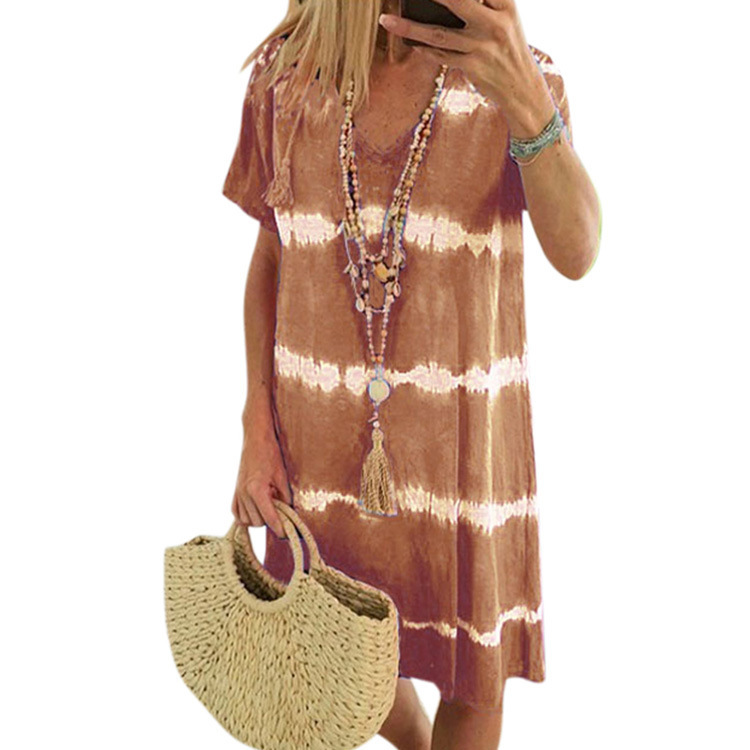 Women's Summer V-Neck Striped Tie-Dye Short Sleeve Dress
