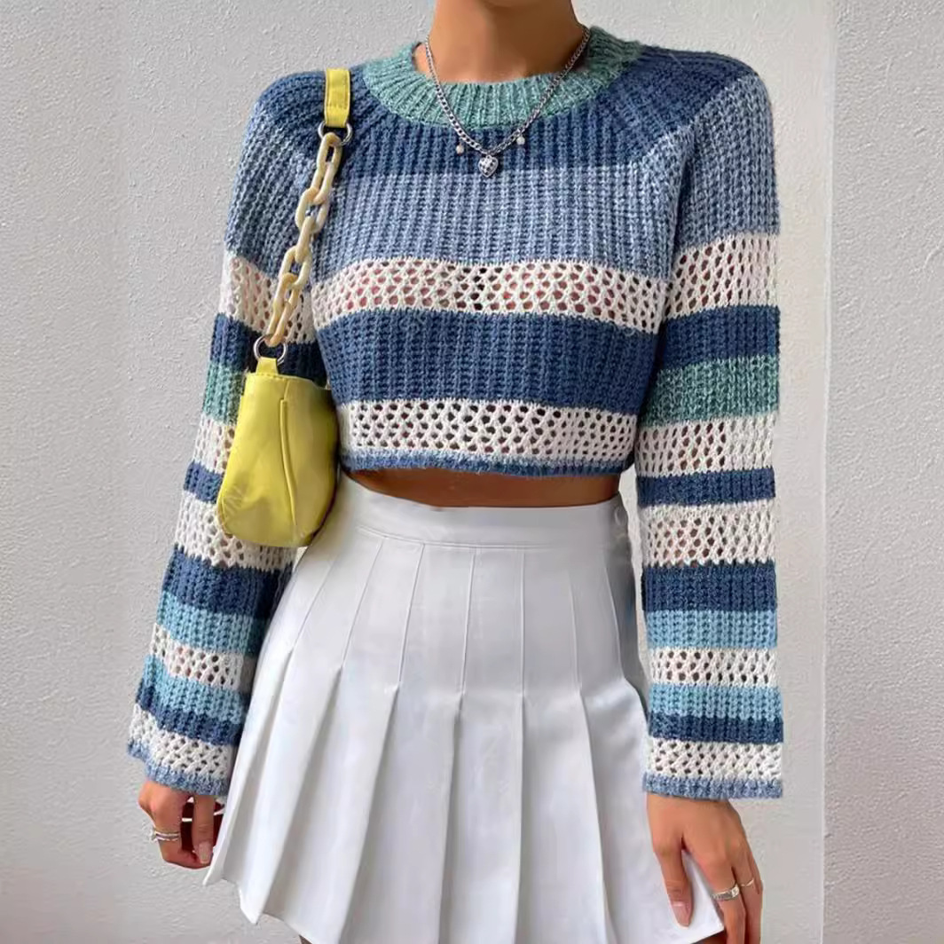 Women's Open-Knit Striped Crewneck Pullover Top