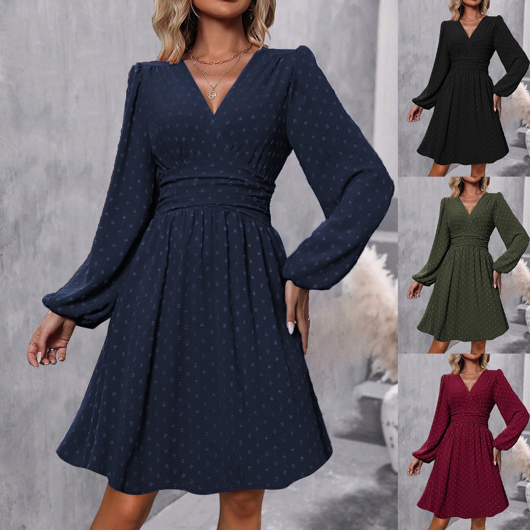 Women's Jacquard V-Neck Lantern Sleeve Smocked Dress