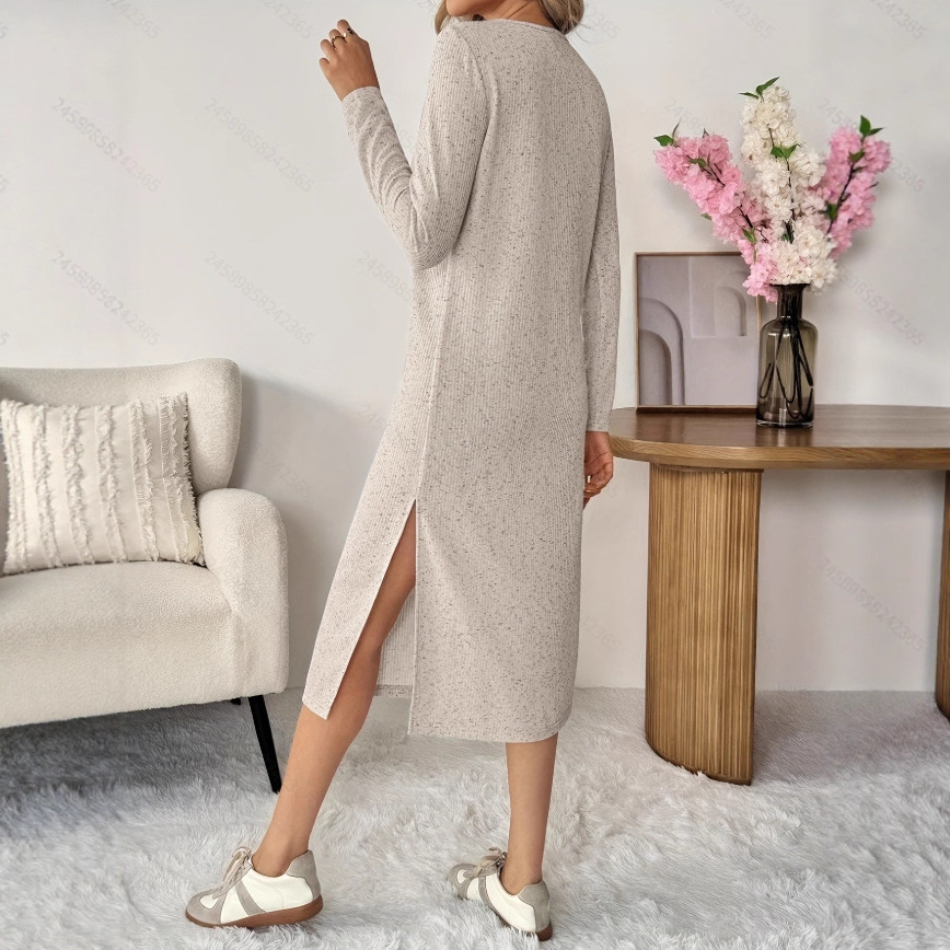 Women's Casual Slit Long Sleeve Knit Midi Dress Beige
