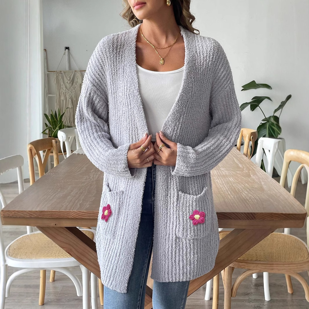 Women's Knit Cardigan with Hand-Crochet Floral Appliqué and Dual Pockets