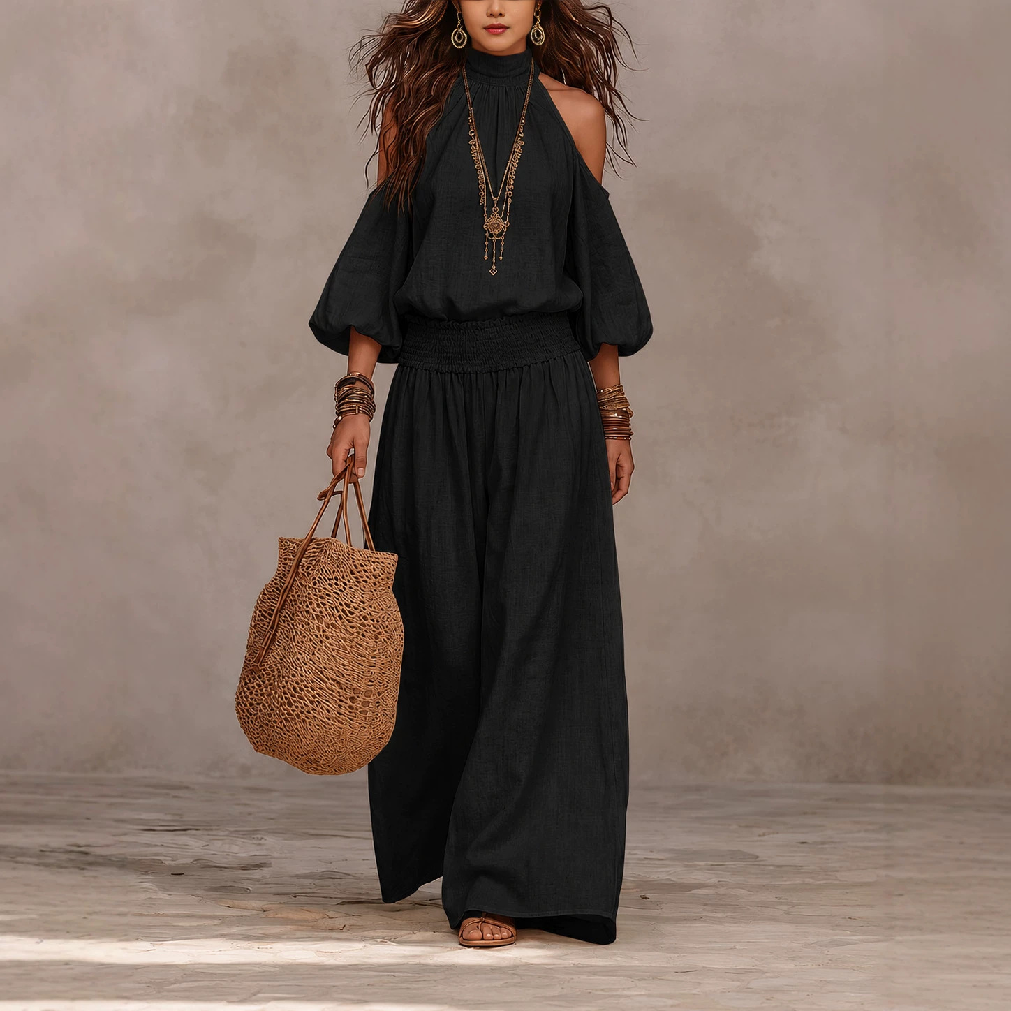 Women's Casual Round Neck Loose Long Sleeve Cutout Top and Pants Set