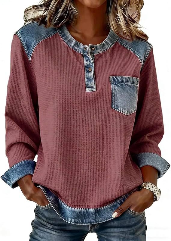 Faux Denim Patchwork Button Pocket Long Sleeve Crewneck Top
