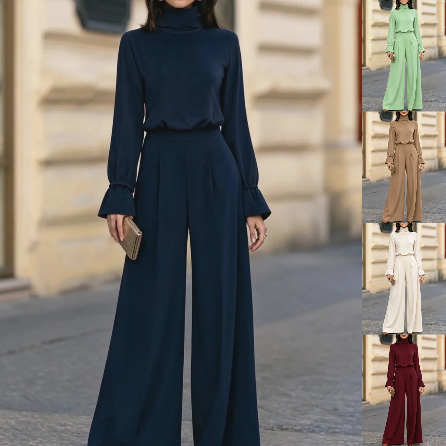 Women's Mock Neck Solid Top and High-Waist Wide-Leg Pants Two-Piece Set