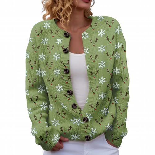 Women's Snowflake Reindeer Antler Print Button Cardigan Sweater